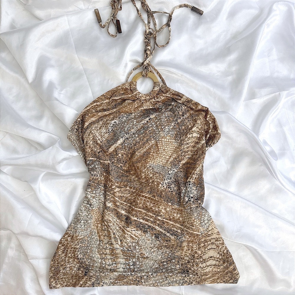 Wallis Snakeskin Print Halter Top Brown Beige O-Ring Neck Animal Print Size 16